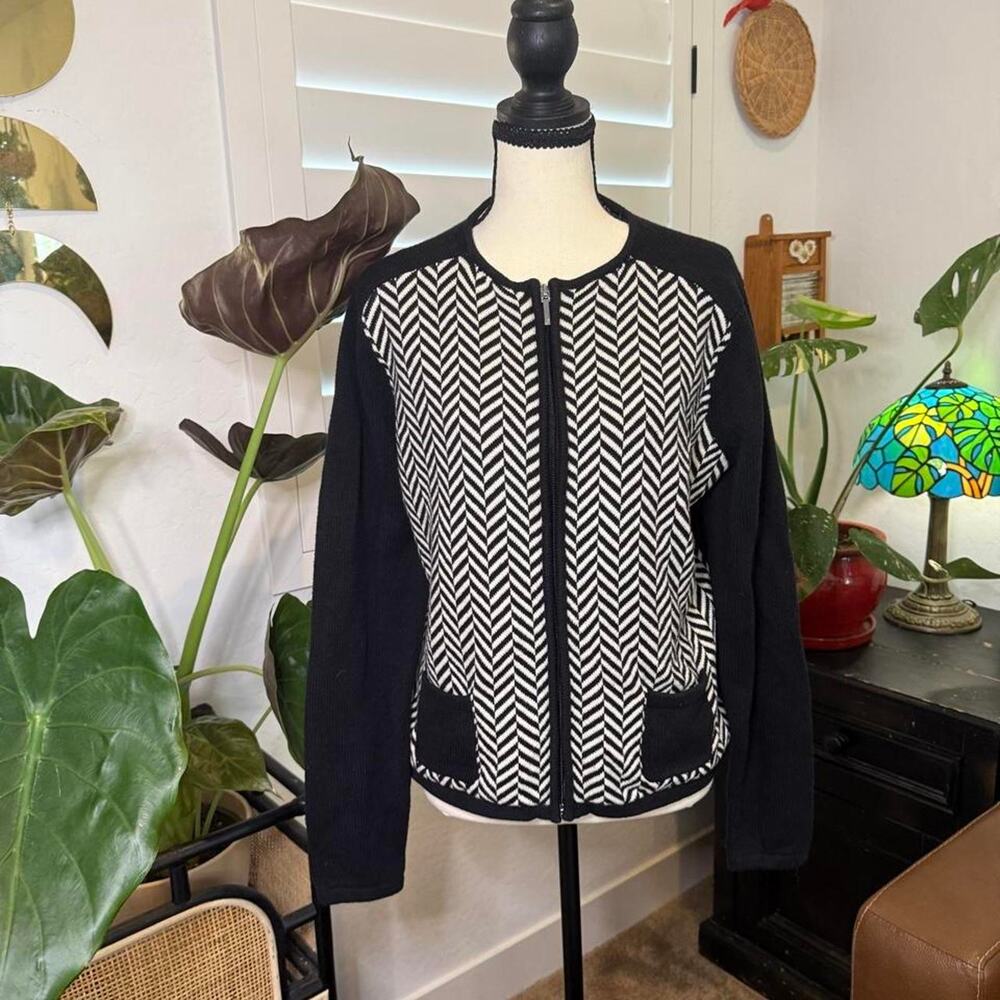 Vintage CHAPS Black Cream Chevron Knit Full Zip Cardigan Sweater L
